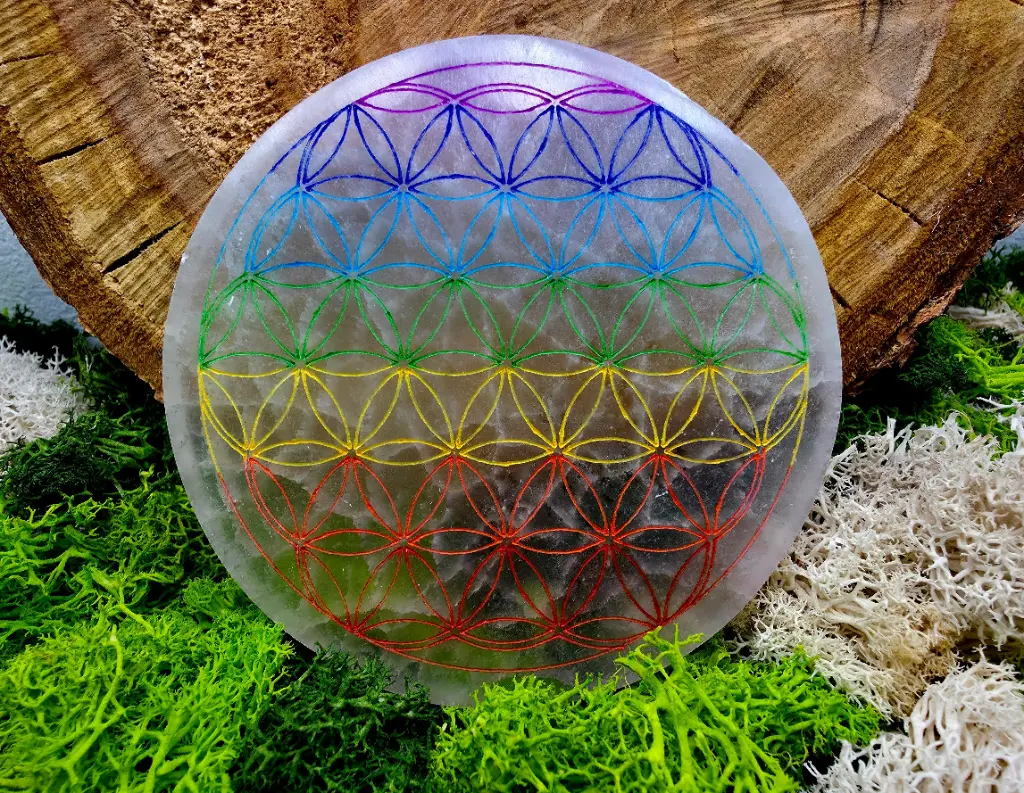 Plaque de Sélénite aux couleurs des 7 chakras
