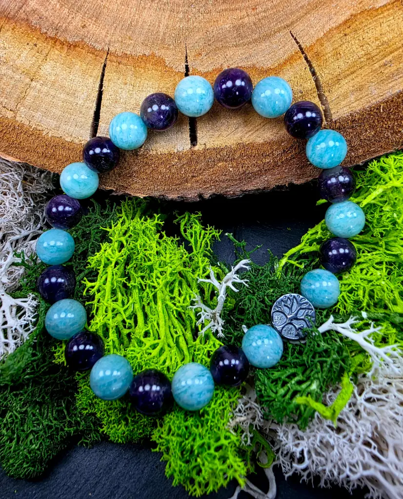 Bracelet Améthyste et Amazonite en 8 mm