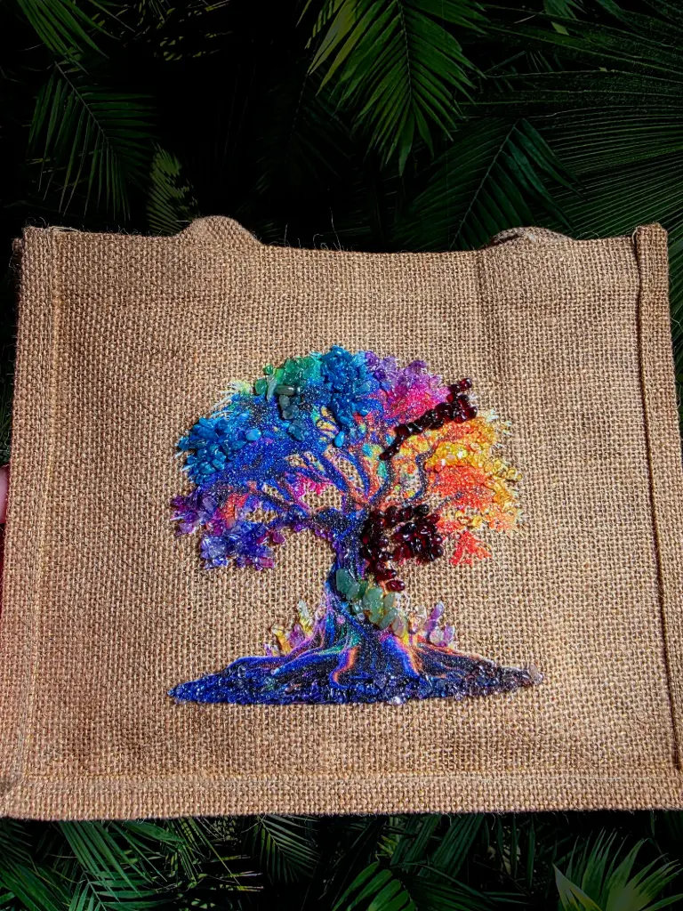 Petit sac en toile de jute Arbre de vie et pierre naturelle