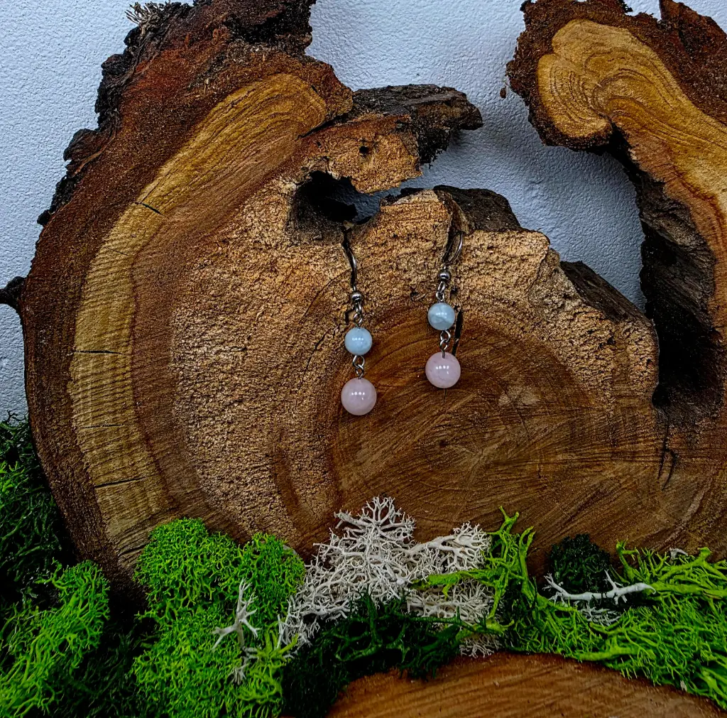 Boucle d'oreille en aigue marine et quartz rose