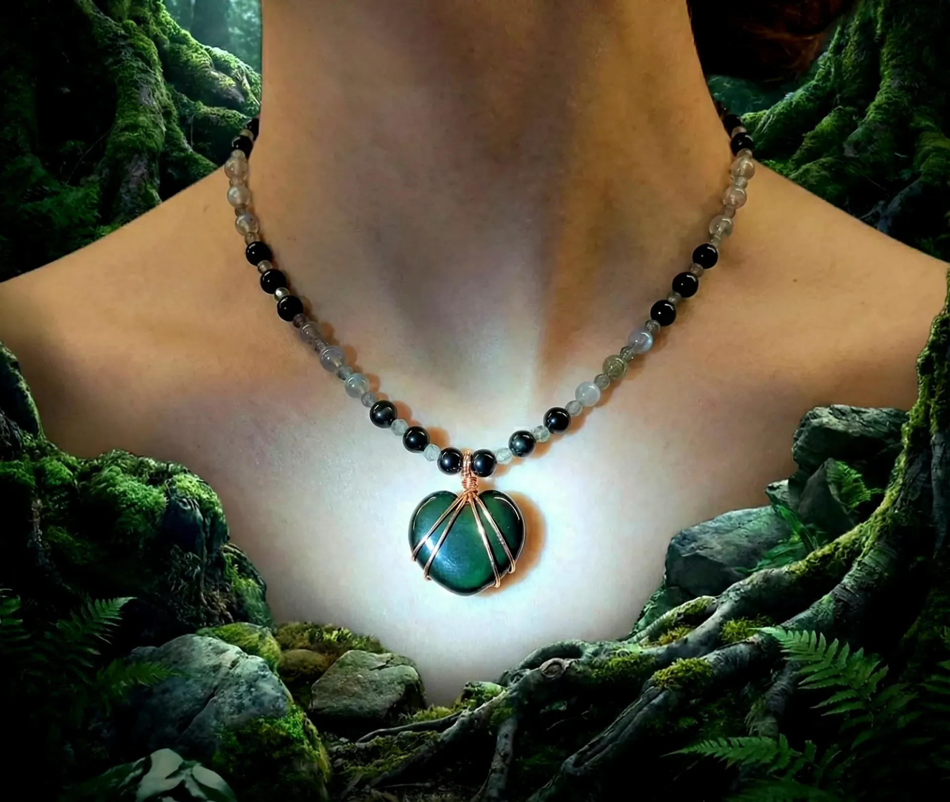 Collier Obsidienne Œil céleste et Labradorite