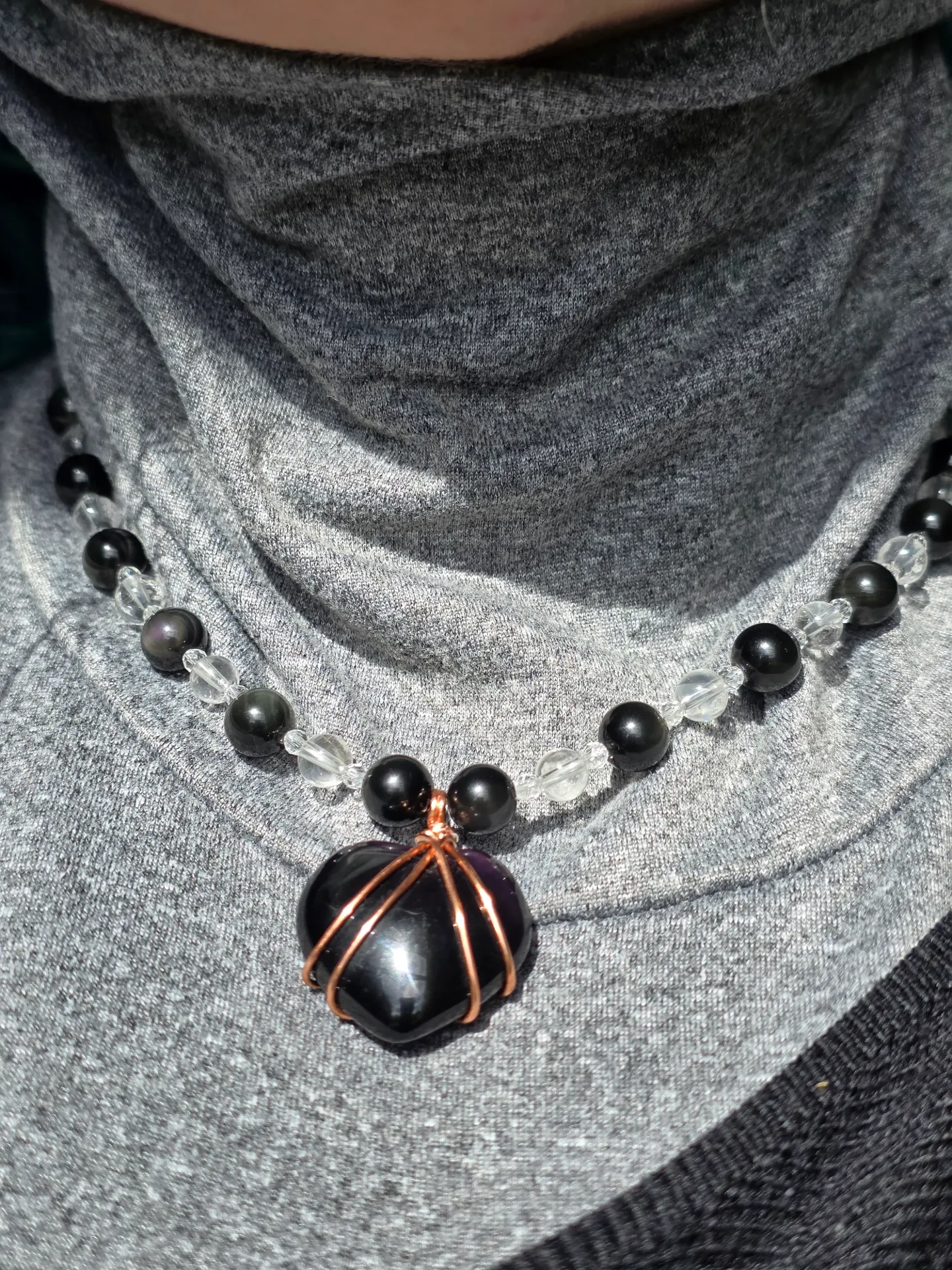 Collier Obsidienne Œil céleste et Cristal de roche