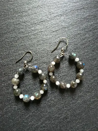 Boucle d'oreilles Créole en Labradorite noir et Pierre de Lune 🌛