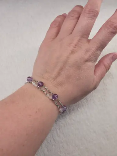 Bracelet Acier inoxydable et perle d'Améthyste et perle facetté de quartz rose