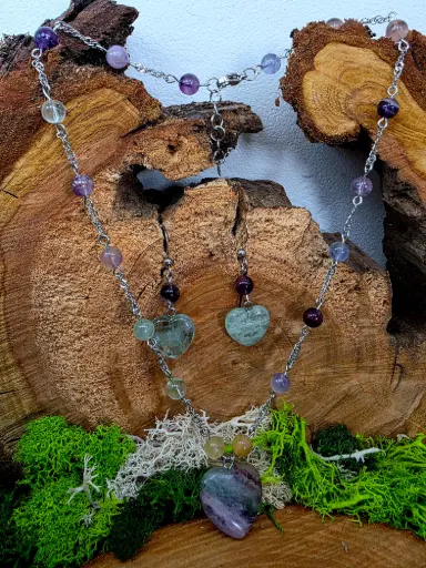 Parure collier et boucle d'oreille en Fluorine multicouleur