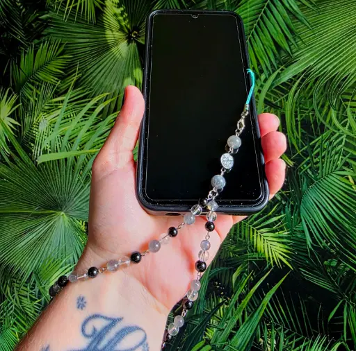 Dragonne de téléphone en Labradorite,cristal de roche et tourmaline